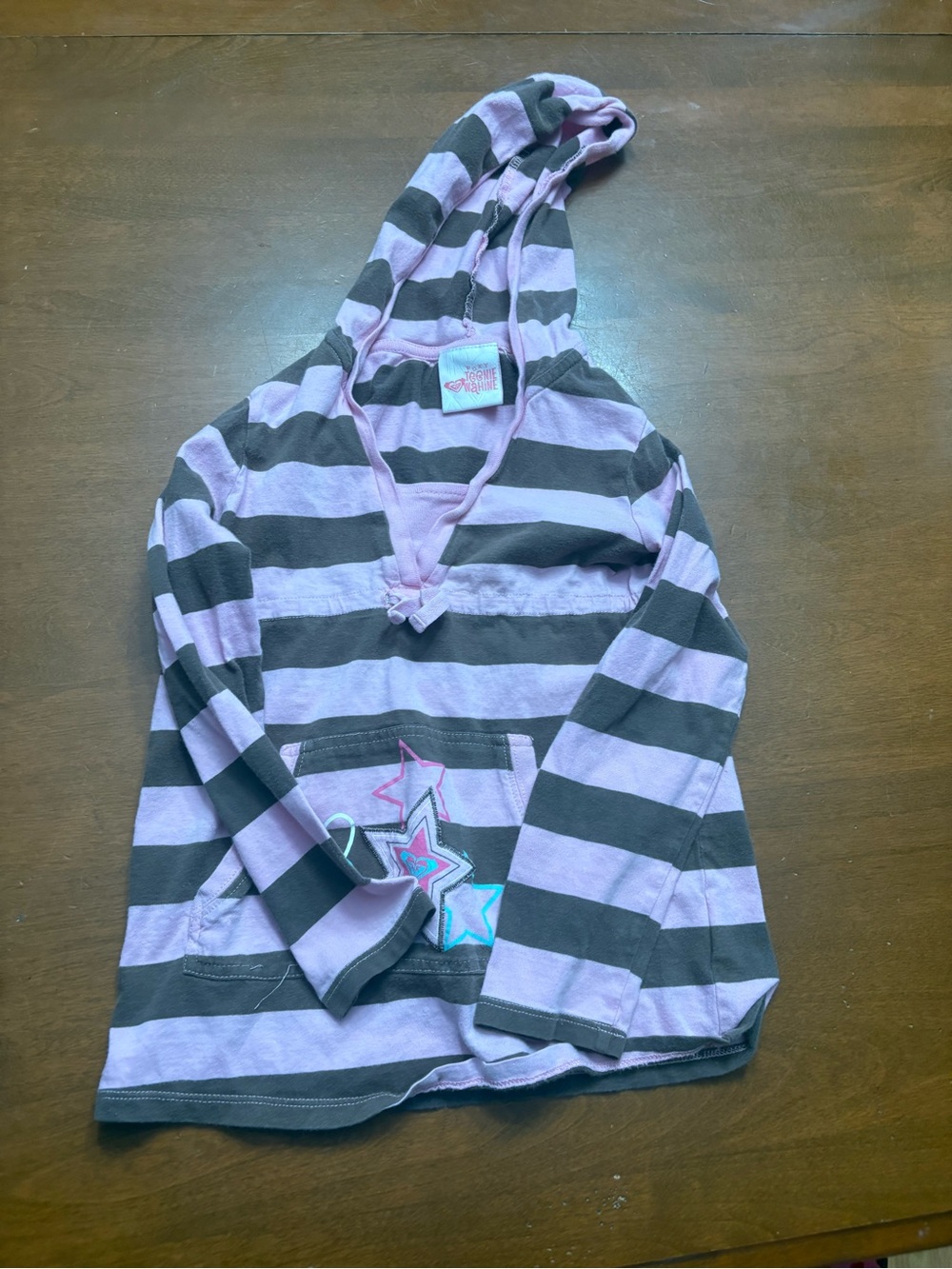 Roxy Girls Hooded Long Sleeve Tee - Pink and Gray Stripes
